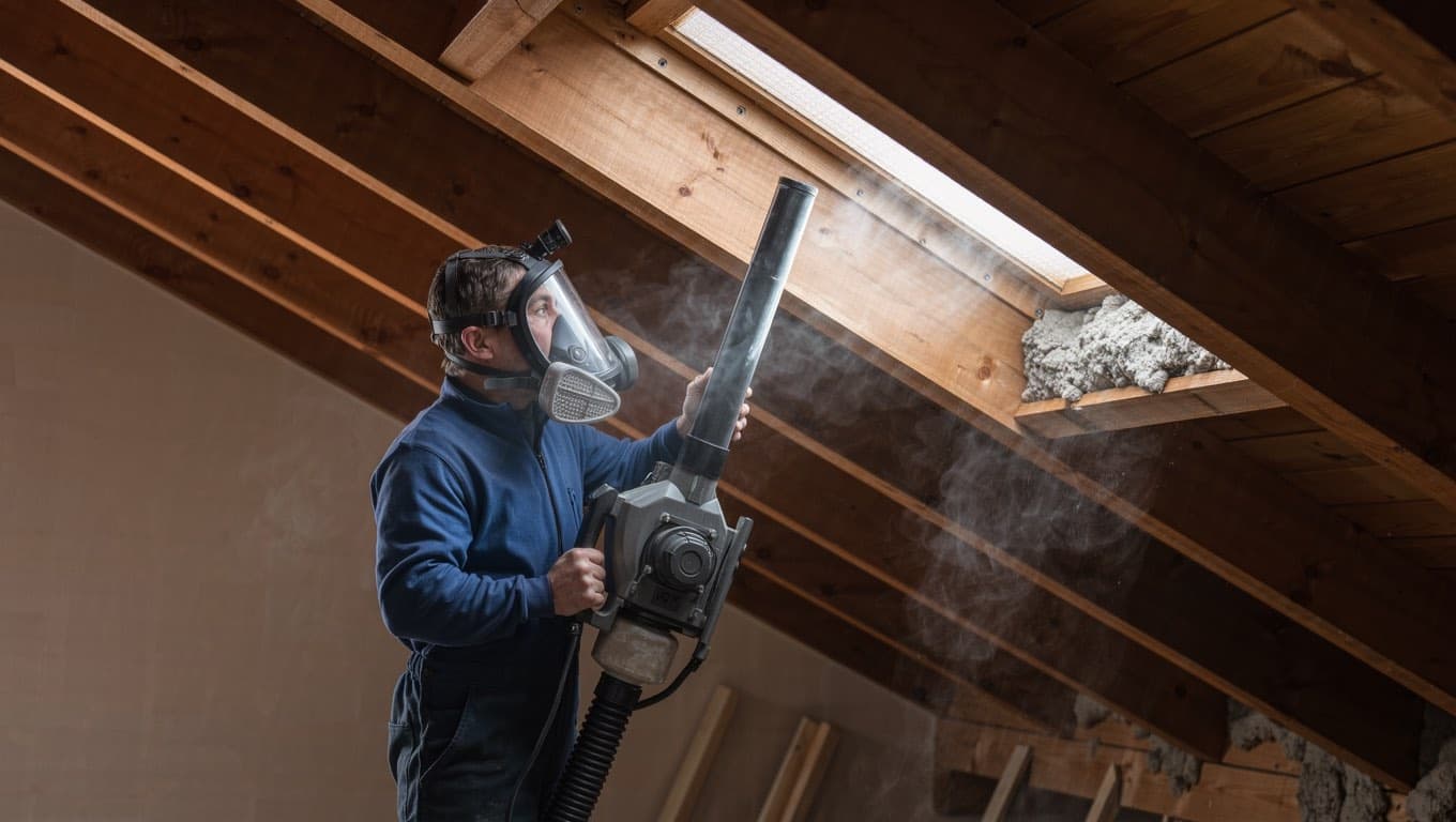 Attic insulation in Calgary and Airdrie: a contractor blowing loose-fill insulation between joists
