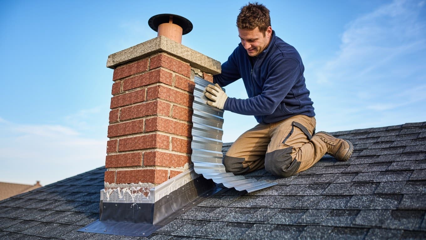 Chimney flashing repair: a roofer fitting new step and counter flashing at a brick chimney