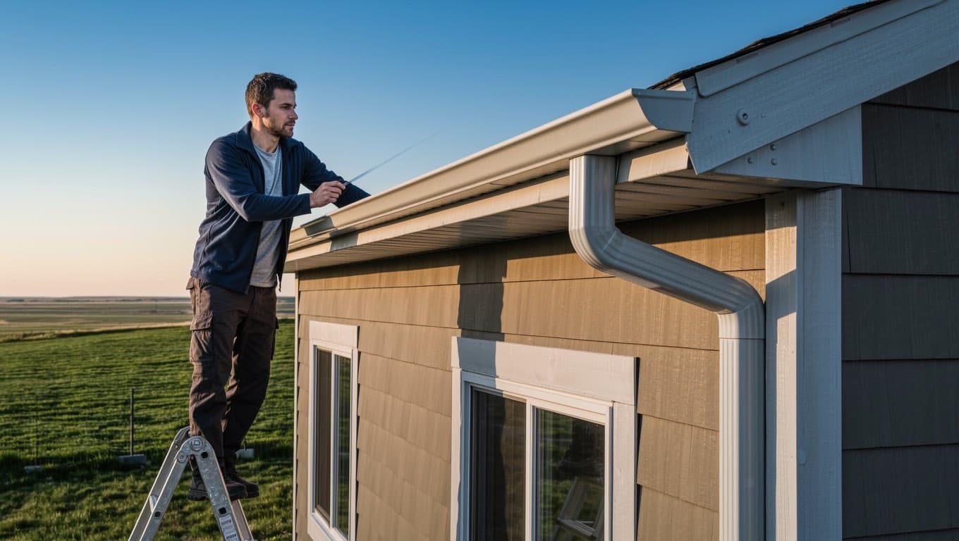 Eavestrough Calgary: a contractor installing seamless aluminum eavestrough on a Calgary home
