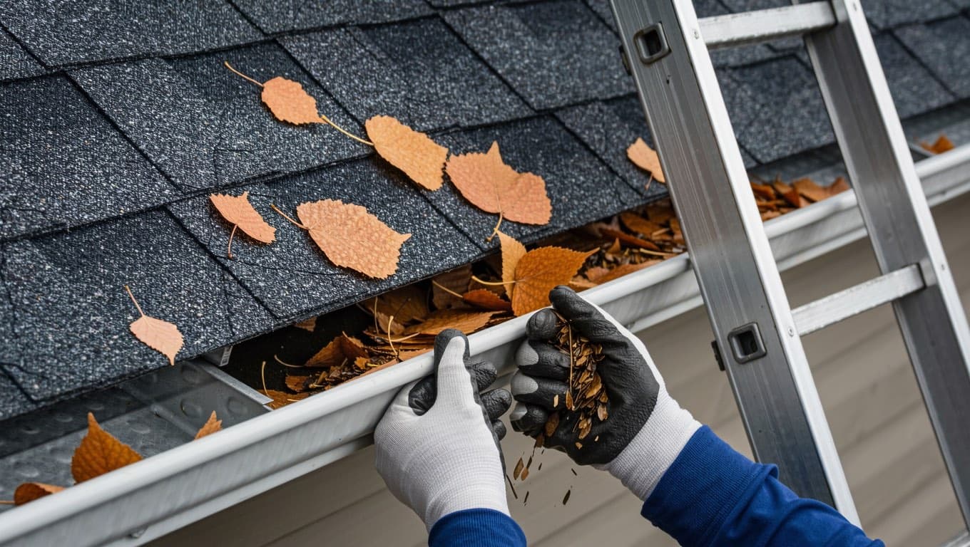 Gutter cleaning in Calgary: gloved hands clearing leaves and debris from an aluminum eavestrough