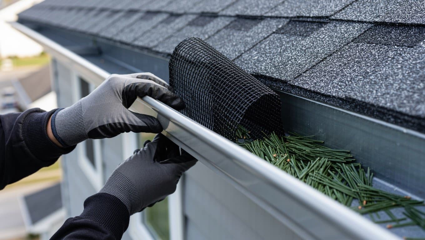Gutter guard installation: micro-mesh guards being clipped into an eavestrough on an Alberta home
