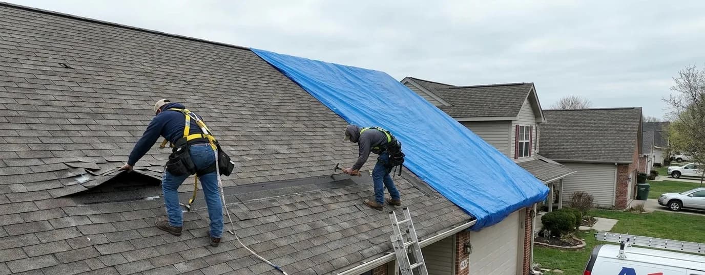Emergency roof repair Airdrie: roofers tarping a storm-damaged roof to stop an active leak