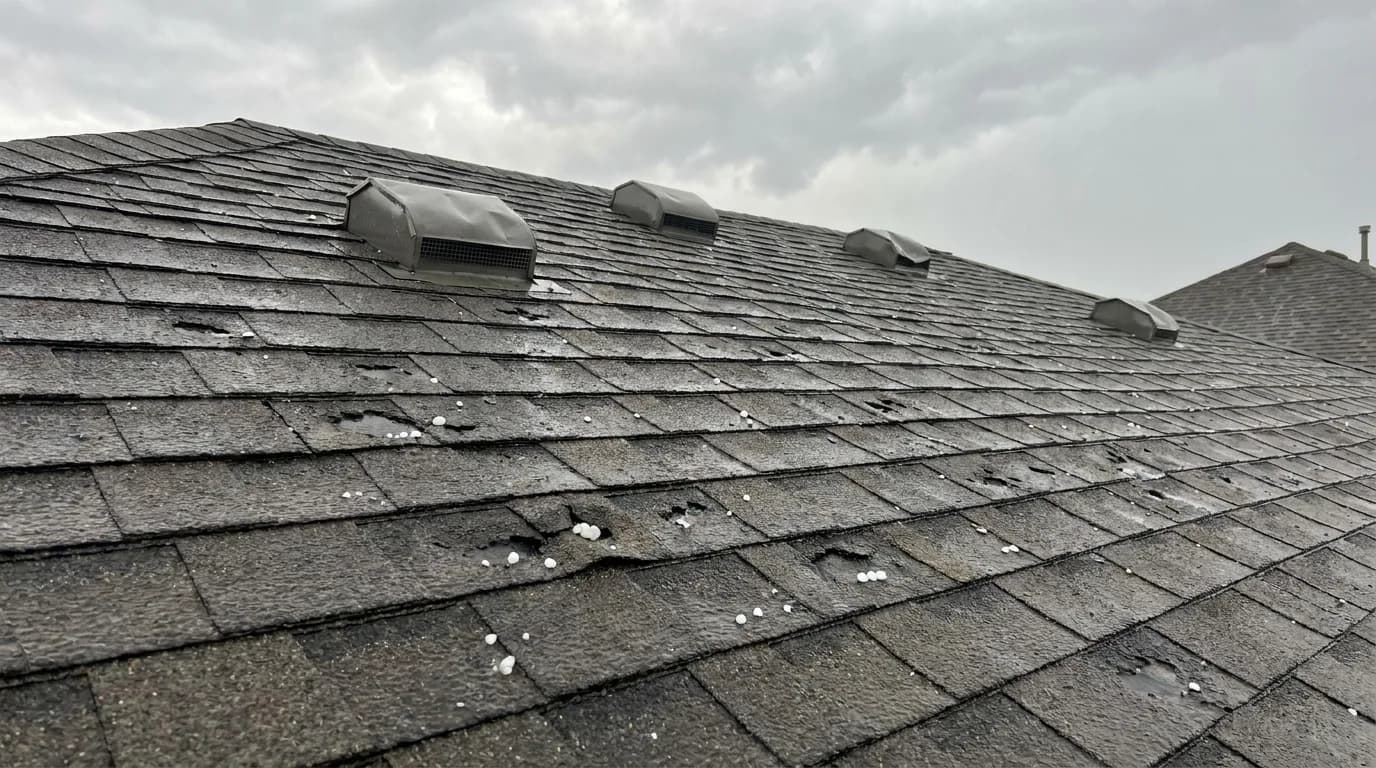 Hail damage roof repair in Airdrie: a hail-damaged shingle roof after an Alberta storm