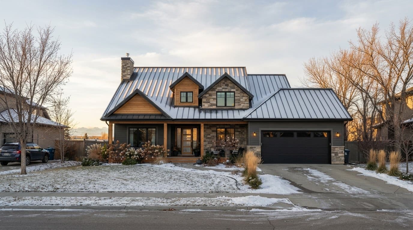 Metal roofing in Airdrie: a new charcoal standing-seam metal roof on a two-storey home