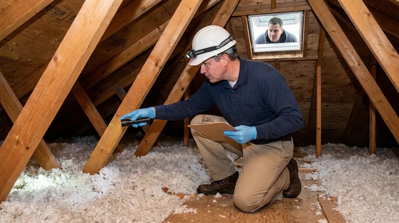 Roof and attic inspection in Airdrie: a roofer inspecting an attic for leaks and ventilation