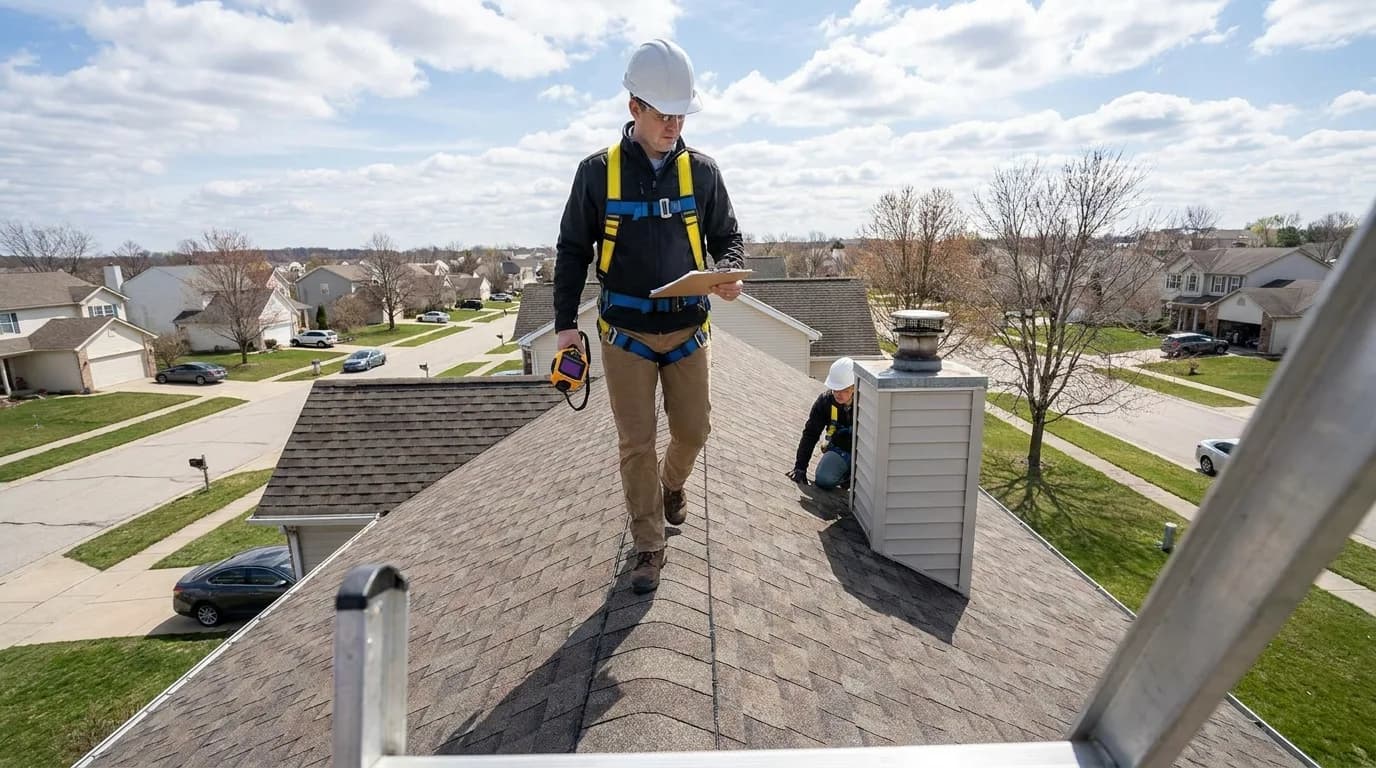 Roofer inspecting an Airdrie roof for the signs a home needs a new roof
