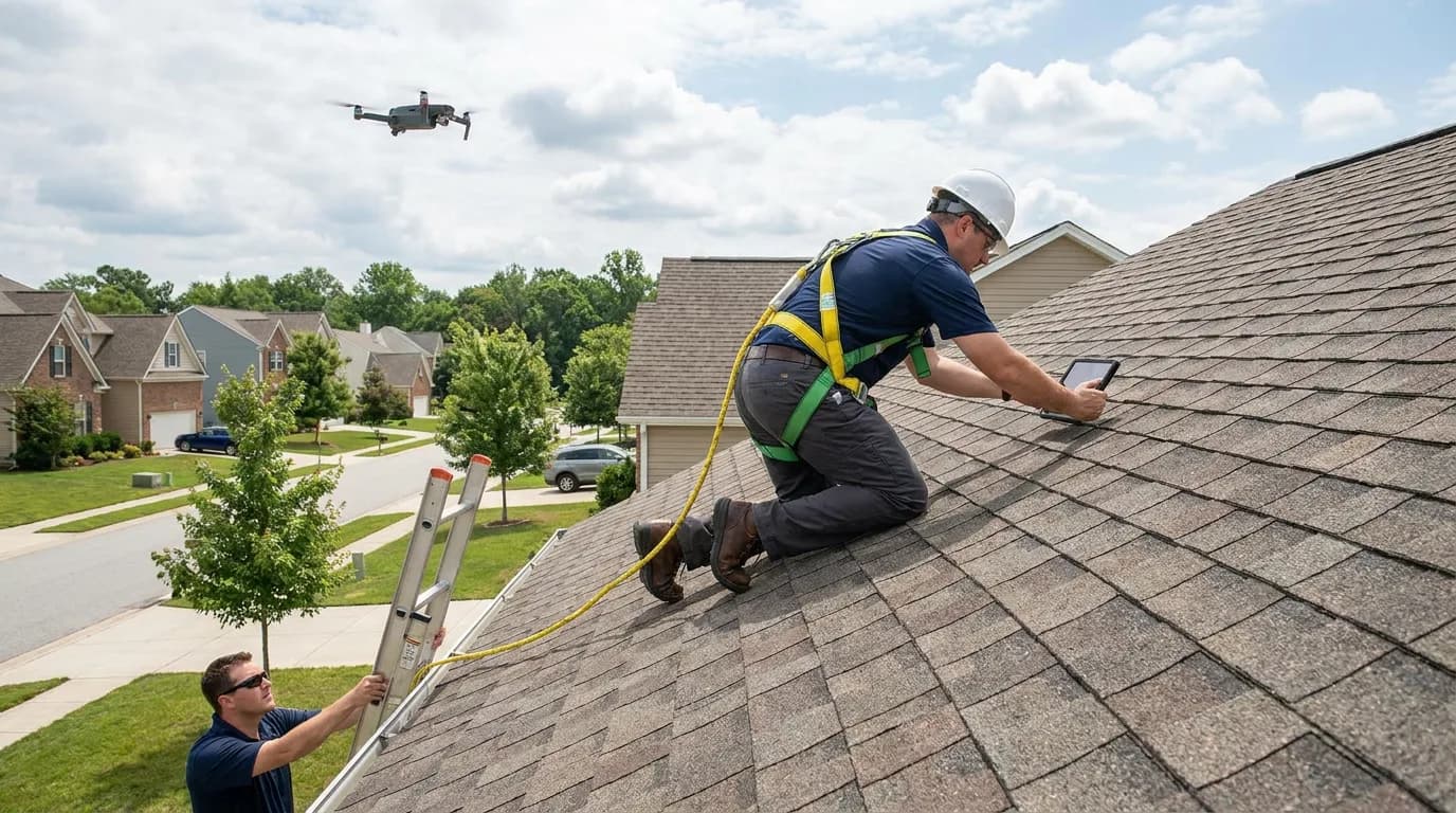 Roof maintenance in Airdrie: a roofer servicing the shingles on a home
