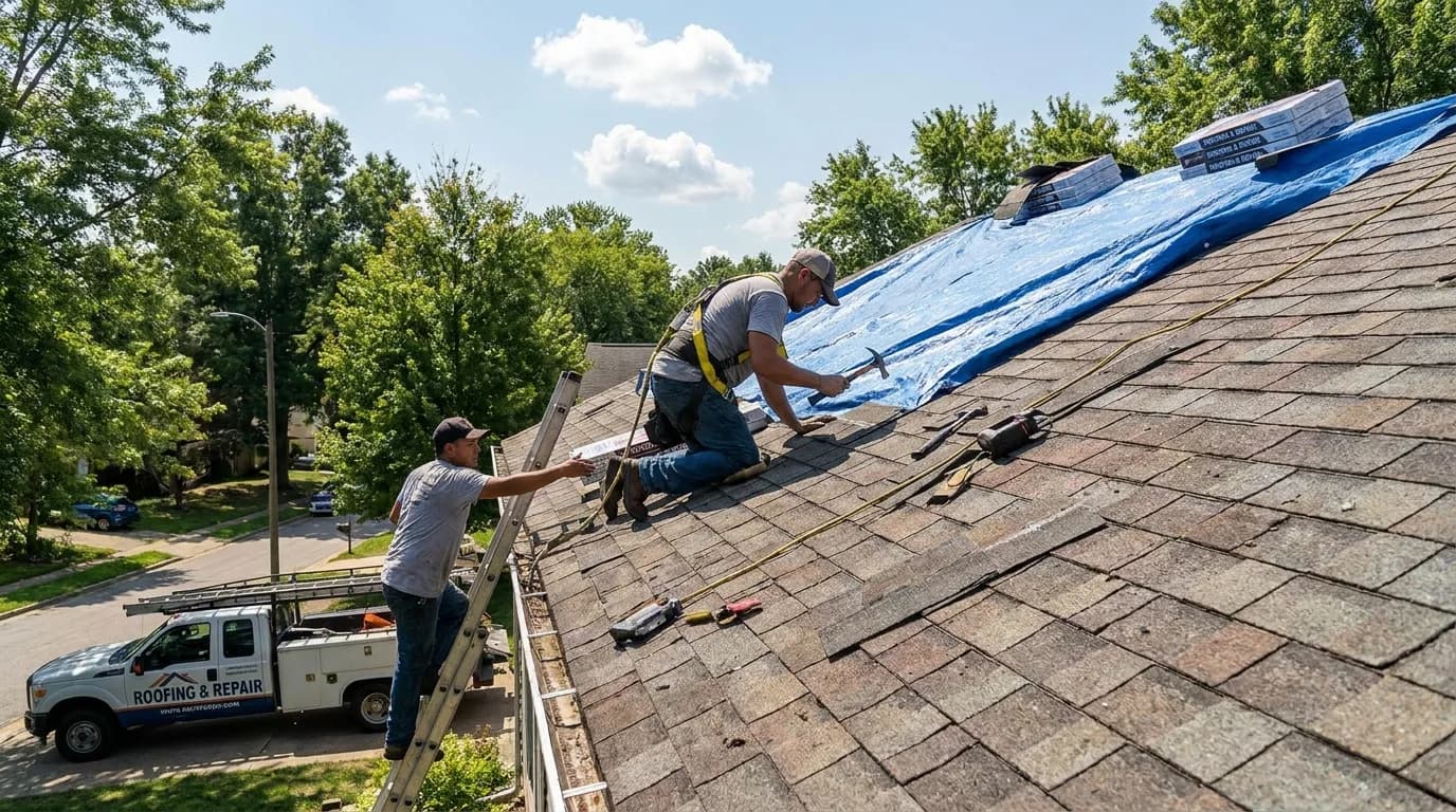 Roofing crew at work in Airdrie