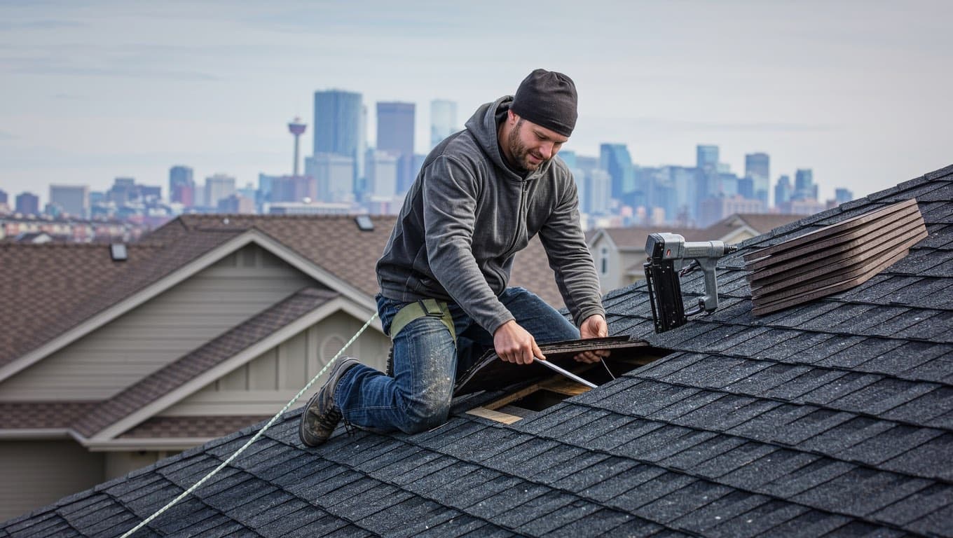 Roof repair in Calgary: a roofer replacing damaged asphalt shingles on a suburban home