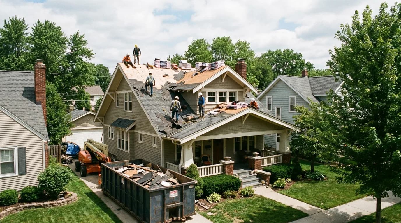 Roof replacement in Airdrie: crew tearing off old shingles on a home