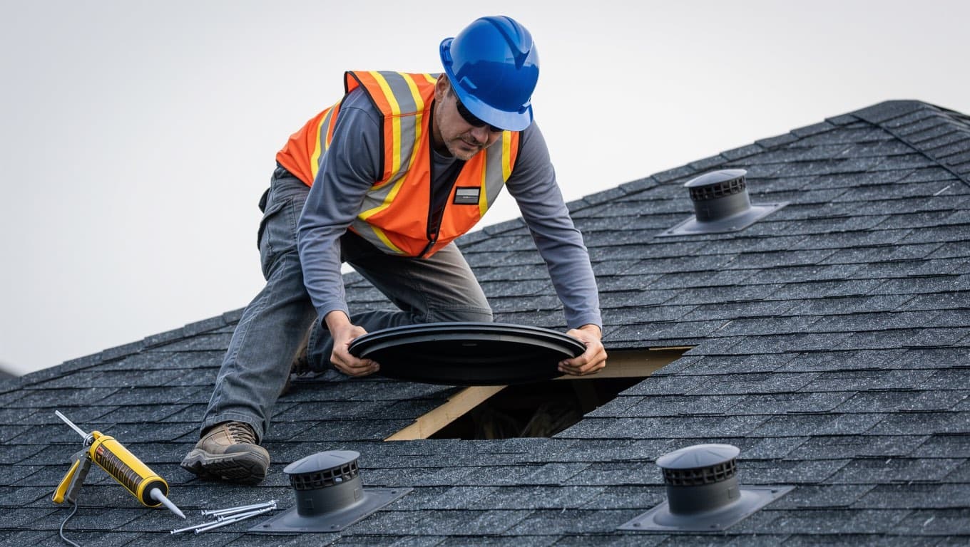 Roof vent installation on an Alberta home, with a new roof vent fitted into the shingle field