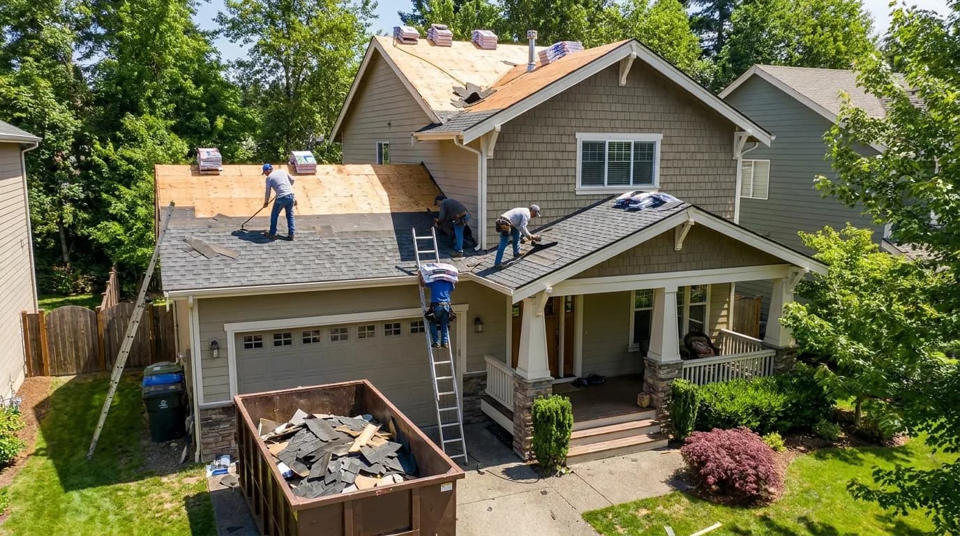 Airdrie roofing company crew replacing an asphalt shingle roof on a home in Airdrie, AB