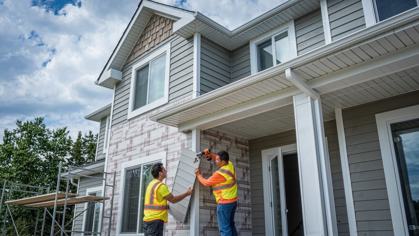 Siding contractors installing new grey vinyl siding on a two-storey home in Calgary, Alberta