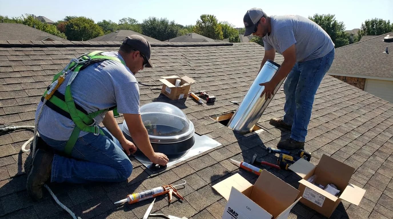 Tubular skylight being installed on a roof in Airdrie