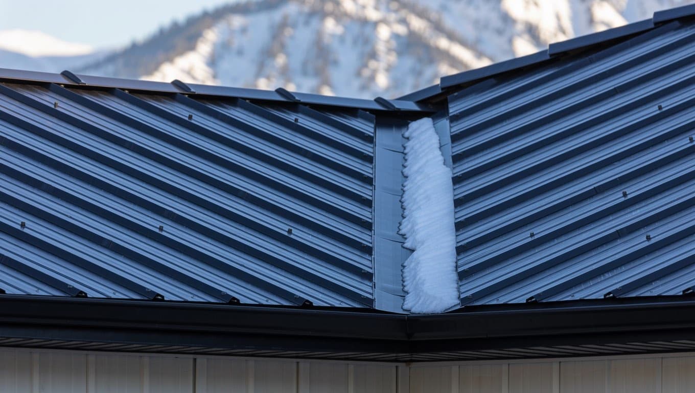 Standing seam metal roof on an Alberta home, with raised vertical seams and snow guards above the eaves